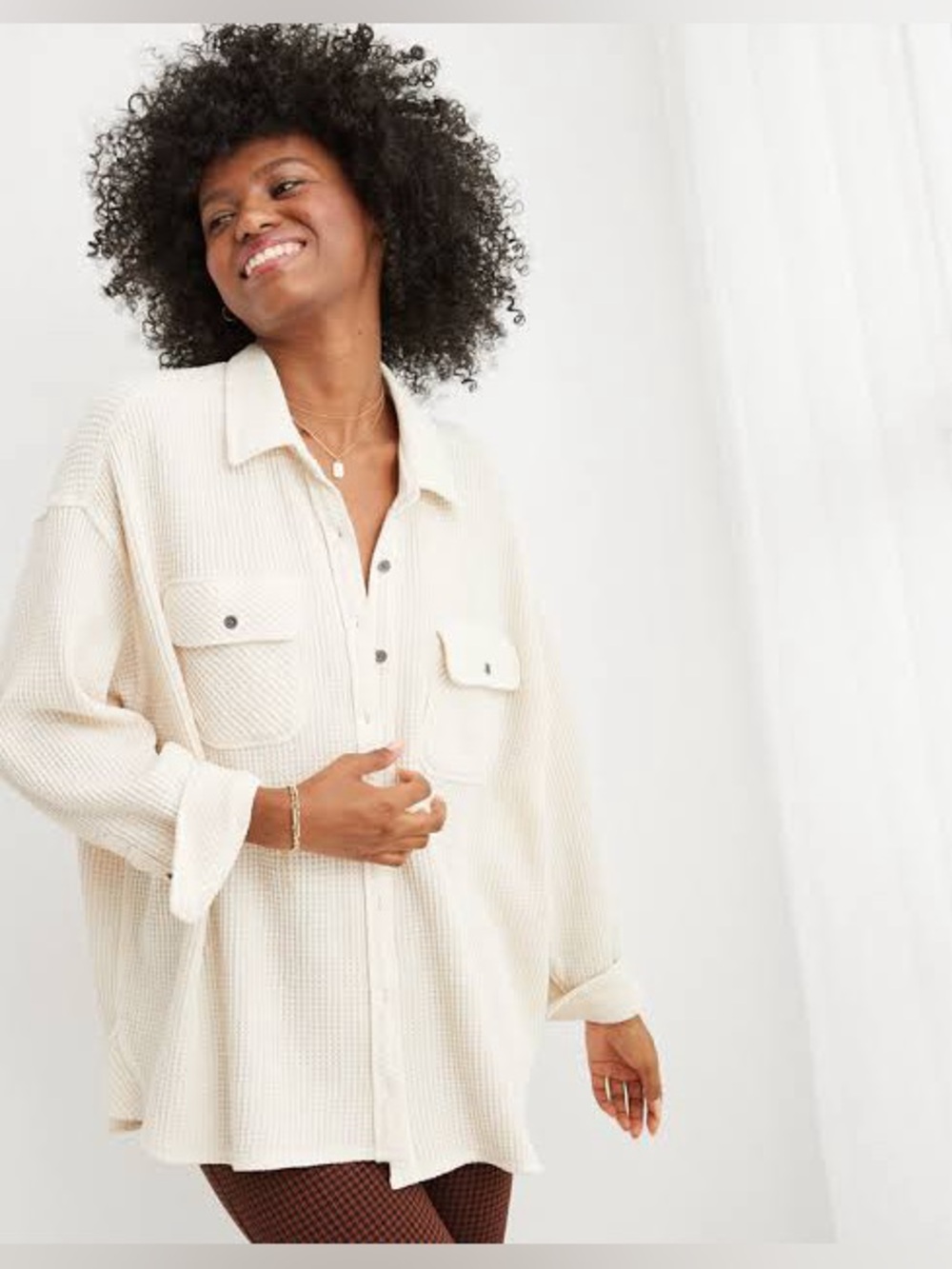 Aerie Cream Waffle Knit Oversized Button Front Shacket Shirt Jacket XL